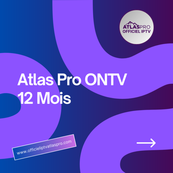 Offre Atlas Pro ONTV 12 mois avec un design violet et le site officieiptvatlaspro.com