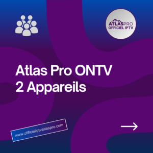 Atlas Pro Multiroom 2 Appareils avec un design violet et le site officieiptvatlaspro.com
