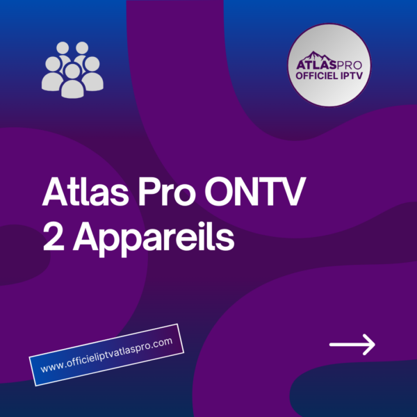 Atlas Pro Multiroom 2 Appareils avec un design violet et le site officieiptvatlaspro.com